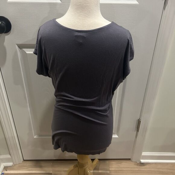 Y2K Beaded Embellishment Short Sleeve V-neck Dark Gray Top Draped sz S Party - Picture 2 of 8